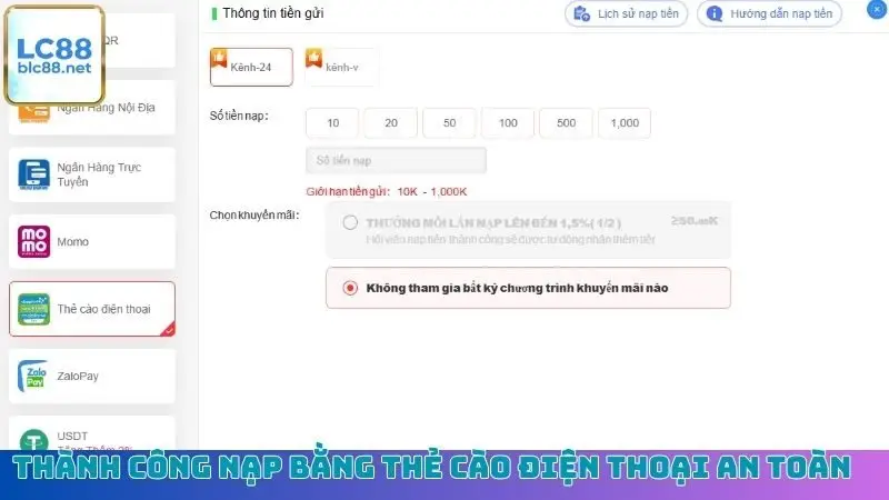 Thành công nạp bằng thẻ cào điện thoại an toàn